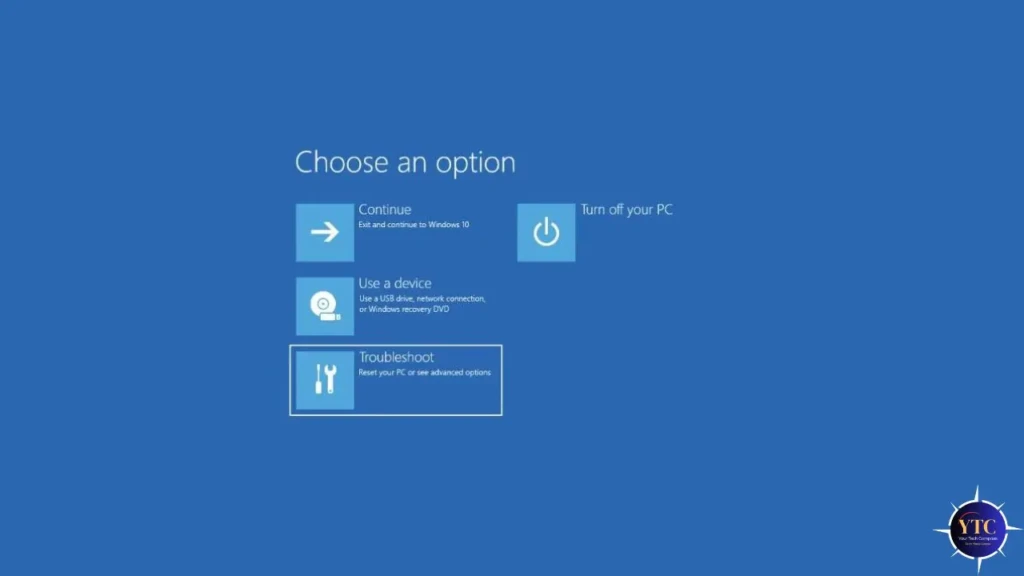 The Windows Advanced Startup “Choose an option” screen on a solid blue background, presenting four choices: “Continue” (exit to Windows 10), “Turn off your PC,” “Use a device” (USB, network, or DVD), and “Troubleshoot” (reset or advanced options), with the latter highlighted in a white border, indicating the path to system recovery and factory reset.