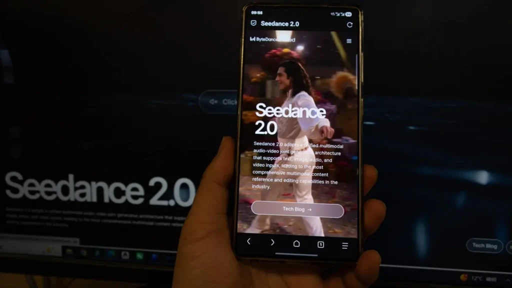 A hand holding a smartphone displaying the Seedance 2.0 app interface, which features a promotional image of a dancer and text describing its unified multimodal audio-video generation architecture, with a larger “Seedance 2.0” screen visible in the blurred background, emphasizing real-world app usage and branding.