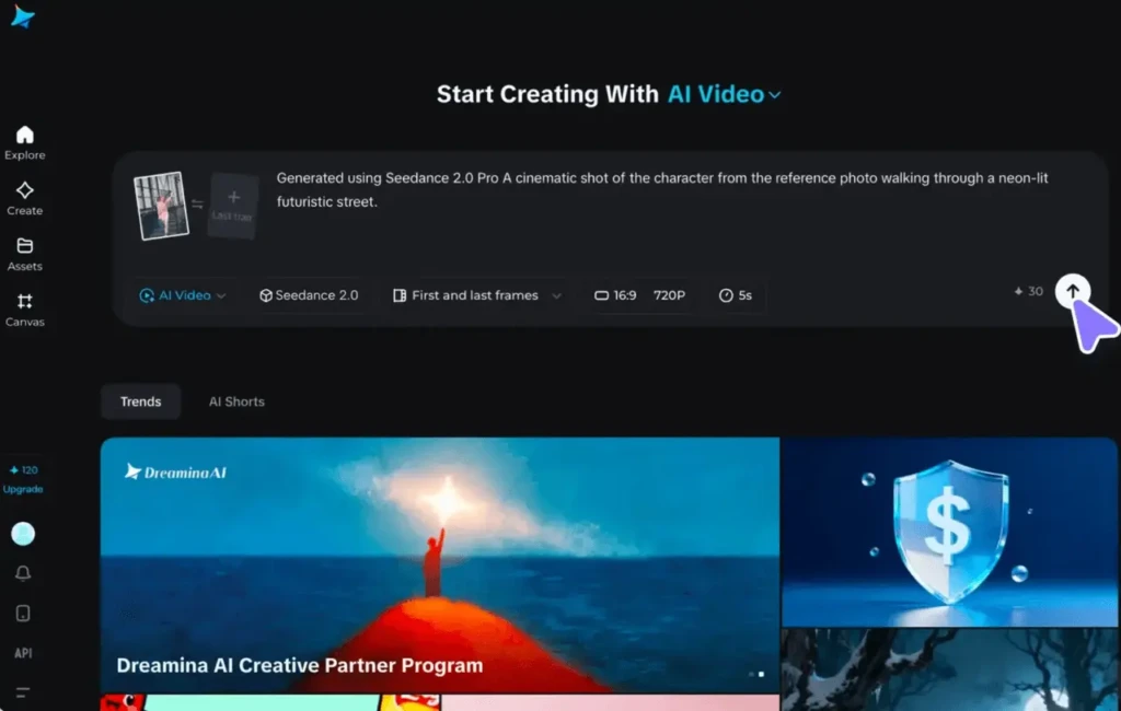 A screenshot of the Seedance 2.0 web interface under “Start Creating With AI Video,” showing a generated cinematic clip description (“character walking through a neon-lit futuristic street”), along with options for aspect ratio (16:9), resolution (720P), and duration (5s), highlighting user-friendly AI video creation tools.