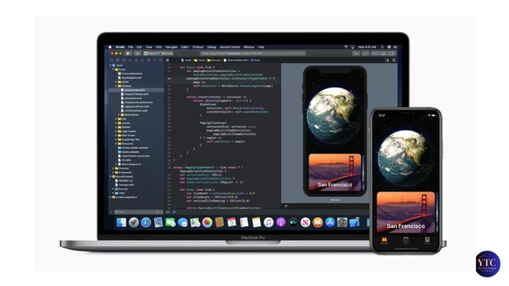 A MacBook Pro displays code in Xcode, with a preview of a mobile app showcasing Earth and San Francisco on an iPhone.
