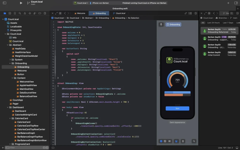A screenshot of Xcode’s interface showing Swift UI code for an onboarding flow in Onboarding.swift, with a project navigator on the left, live preview of an iPhone app (“Willkommen zu Count.kcal”) on the right, and Git commit history, illustrating real-world iOS development with SwiftUI and version control integration.