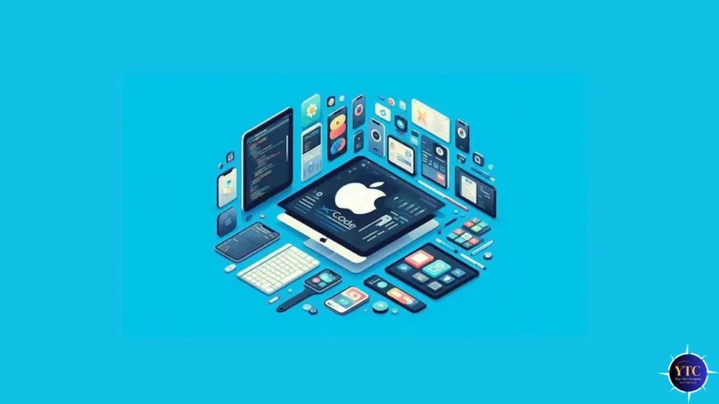 An isometric illustration of Apple’s developer ecosystem on a bright blue background, featuring a central iPad displaying the “Xcode” logo surrounded by iPhones, iPads, Macs, Apple Watch, and app interfaces, symbolizing Xcode’s role in building apps across all Apple platforms.