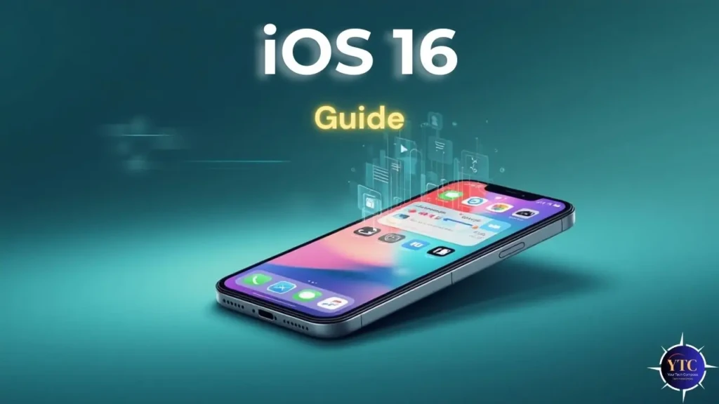 A promotional graphic titled “iOS 16 Guide,” featuring a floating iPhone displaying the home screen with app icons and dynamic widgets, overlaid with translucent UI elements like notifications and app previews, set against a teal gradient background to highlight new customization and interactivity features.