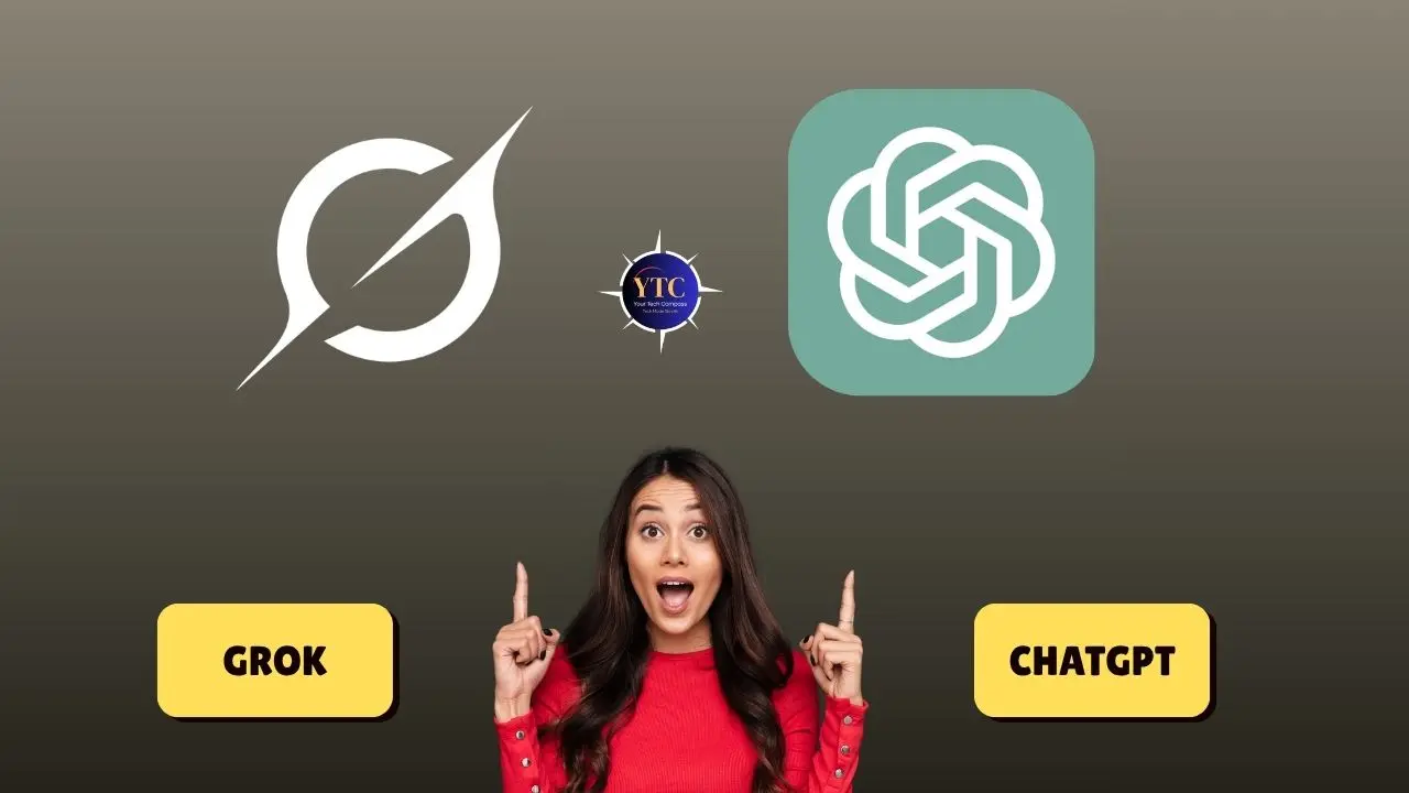 A split-background graphic showing the Grok logo (white stylized “G”) on the left and the ChatGPT logo (interlocking rings in teal) on the right, with a woman in a red shirt pointing upward toward both; yellow buttons below label “GROK” and “CHATGPT,” illustrating a comparative or decision-making context between the two AI assistants.