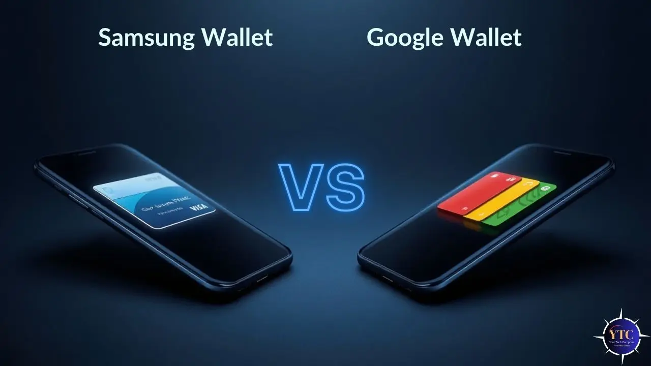 Two smartphones facing each other against a dark background, labeled “Samsung Wallet” (left, showing a Visa card) and “Google Wallet” (right, showing stacked colorful cards), separated by a glowing blue “VS,” highlighting a direct feature or ecosystem comparison between the two mobile wallet platforms.