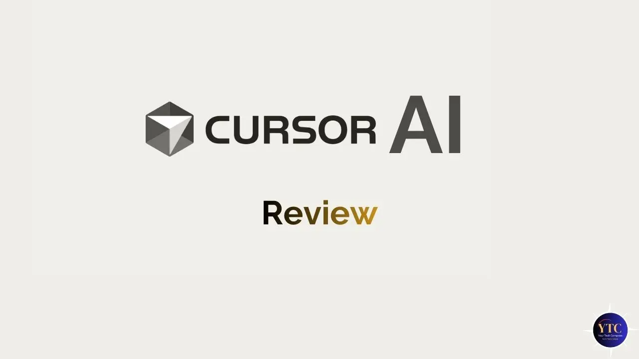 The Cursor AI logo, a gray 3D cube icon beside the text “CURSOR AI,” centered above the word “Review” in gold serif font on a light beige background, indicating a product evaluation or analysis of the Cursor AI coding assistant.