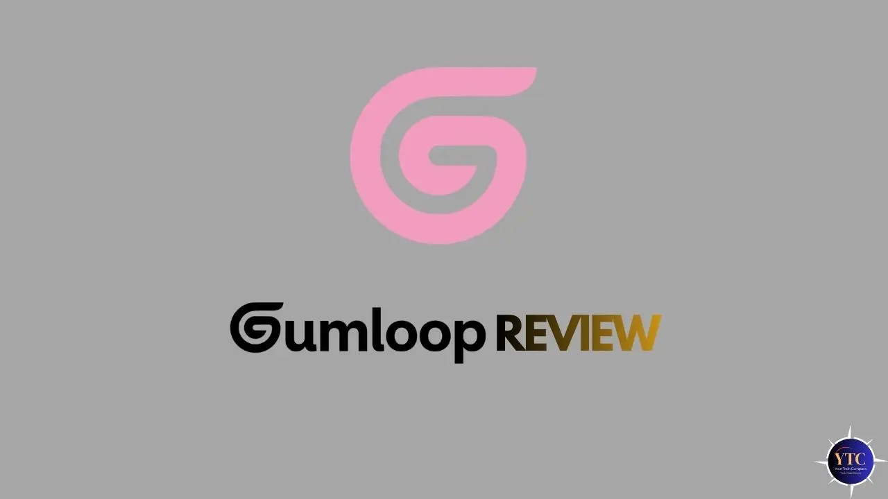 A minimalist title card featuring the Gumloop logo, a stylized pink double-loop “G” above the text “Gumloop REVIEW,” with “REVIEW” in gold uppercase letters on a neutral gray background, indicating an evaluative overview of the Gumloop platform.