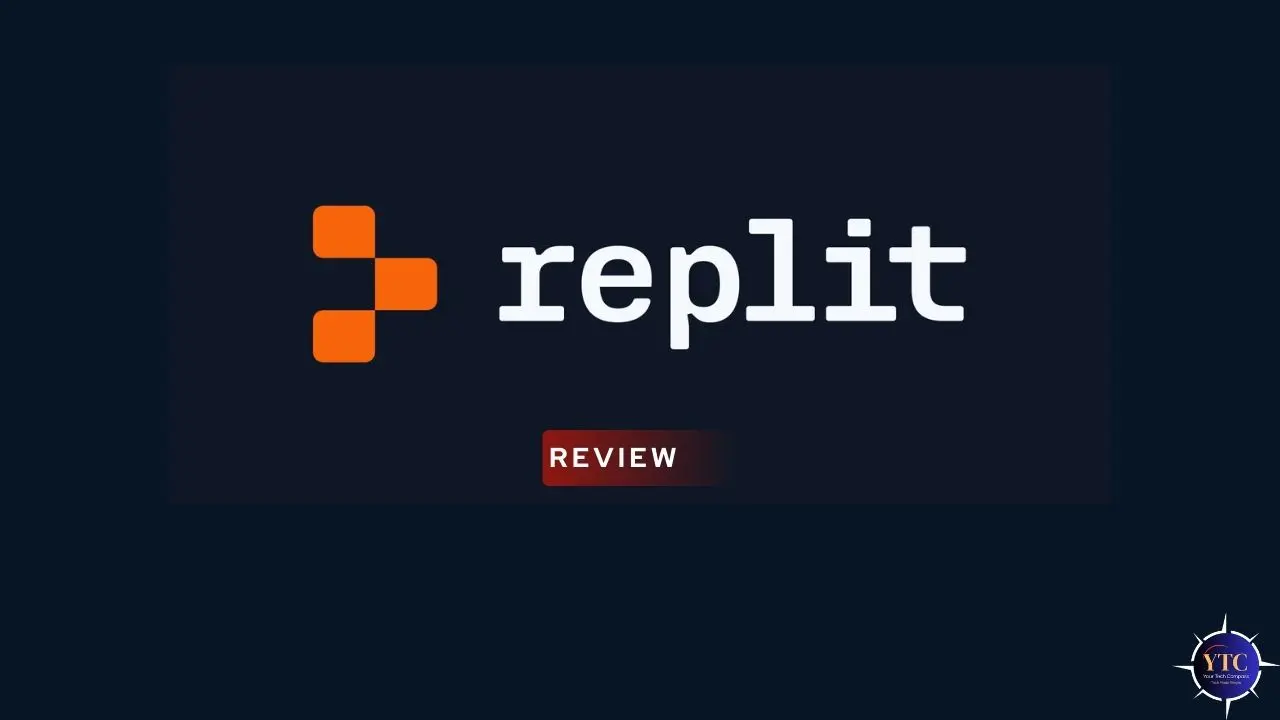 The Replit logo, a white lowercase “replit” beside an orange four-square icon, centered on a dark navy background, with a red “REVIEW” button below, indicating an evaluative or analytical piece about the Replit platform.