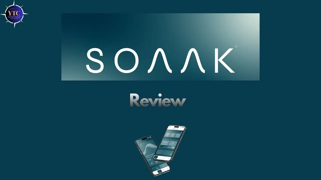 A title card featuring the SOAAK logo (stylized white uppercase letters with lambda-like “Λ” characters) on a teal gradient banner, below which the word “Review” appears in metallic text, with two smartphones displaying the SOAAK app interface at the bottom, indicating an evaluative overview of the wellness platform.