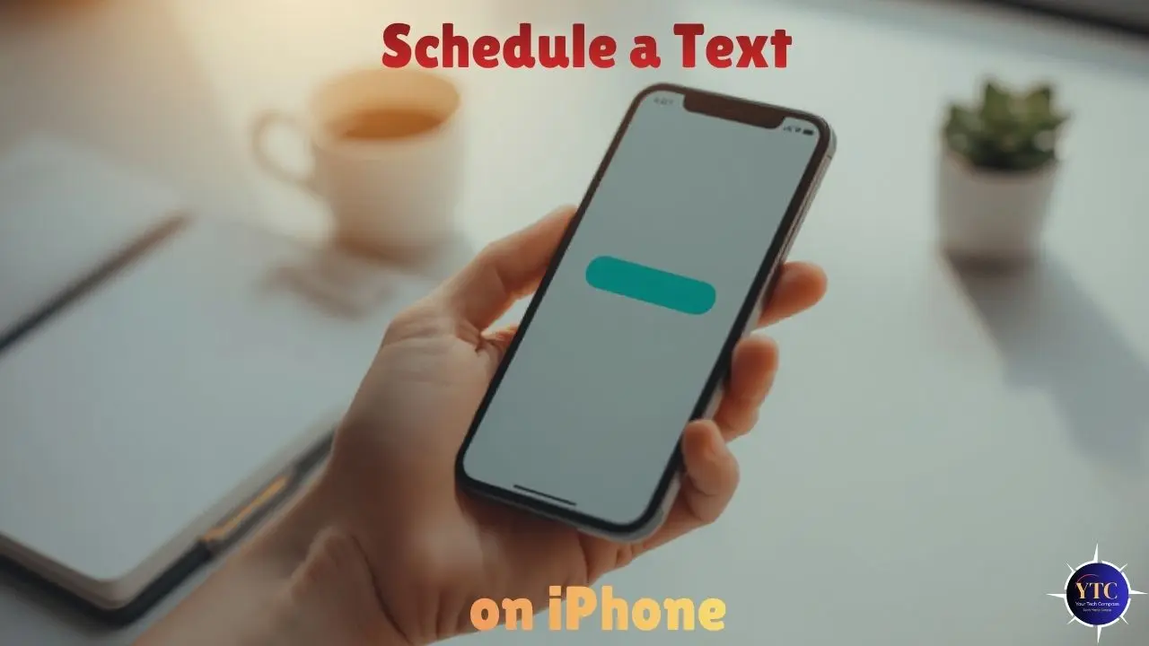 A hand holding an iPhone displaying a teal progress bar on a light screen, overlaid with the text “Schedule a Text” in red and “on iPhone” in yellow, serving as a visual header for a tutorial on scheduling messages using iOS Shortcuts or third-party tools.