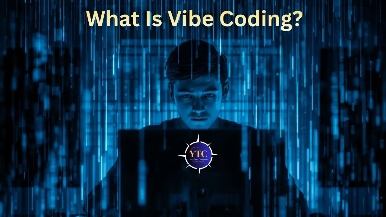 A person focused on a laptop screen under a blue digital rain effect, with the headline “What Is Vibe Coding?” in gold text above and the YTC logo centered below, introducing the concept of intuitive, emotionally resonant, AI-supported programming.
