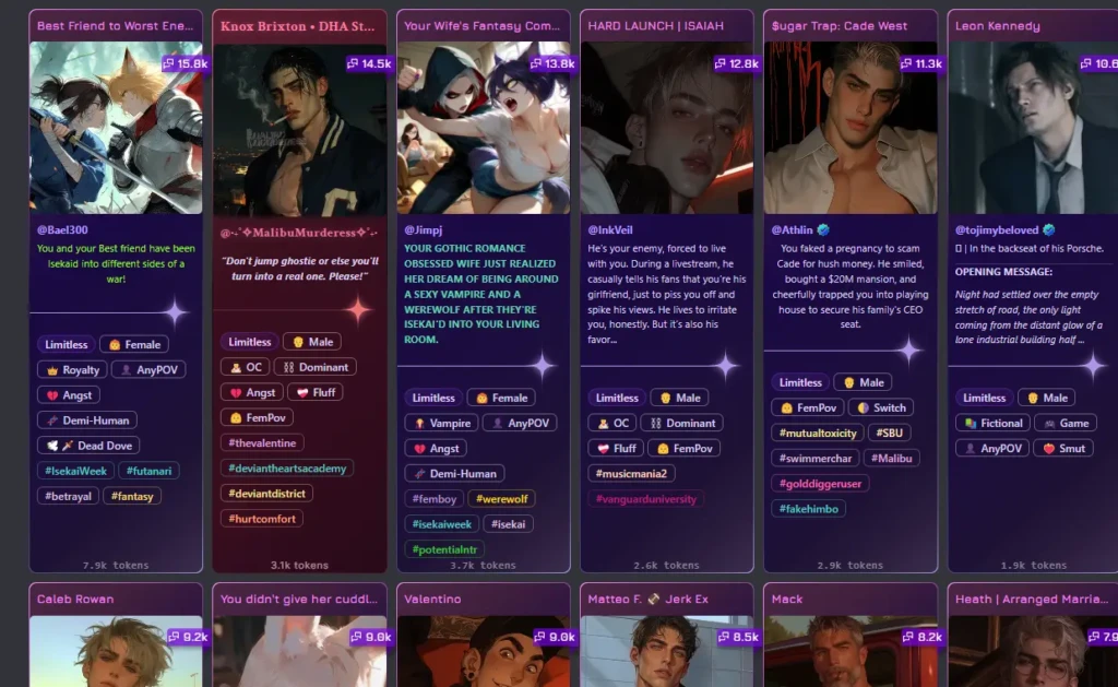 A scrollable grid of Janitor AI character cards showing diverse AI personas (e.g., “Best Friend to Worst Enemy,” “Knox Brixton,” “Your Wife’s Fantasy Com…”), each with artwork, creator handles, descriptive blurbs, token counts, and genre tags, highlighting narrative variety and community-driven content creation.