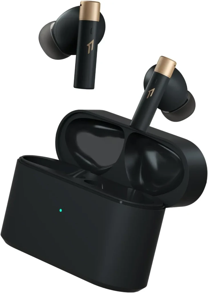 A pair of black earbuds with gold-accented stems and a matching open charging case, featuring a green LED indicator; the earbuds float above the case, showcasing their sleek, modern aesthetic and compact form factor.