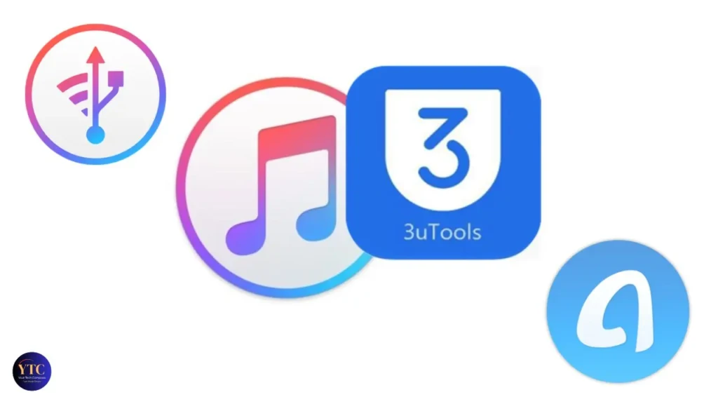 Four circular icons on a white background: a USB/Wi-Fi symbol, Apple Music note, the 3uTools logo (blue square with white “3”), and a generic app icon, representing key functionalities like connectivity, media management, and third-party tool integration within the 3uTools ecosystem.