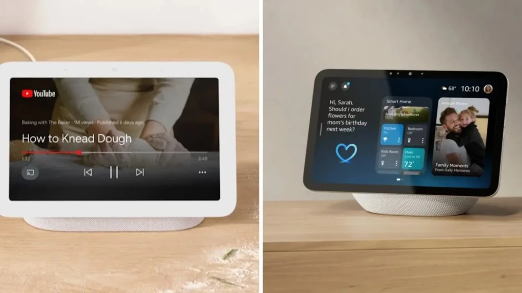 A split-screen view: left shows a white Google Nest Hub playing a YouTube titled “How to Knead Dough” with flour-dusted hands visible on screen and scattered flour on the wooden table; right shows the same device displaying a personalized Smart Home dashboard with reminders, room controls, and a family photo, illustrating dual-use as both media hub and home command center.