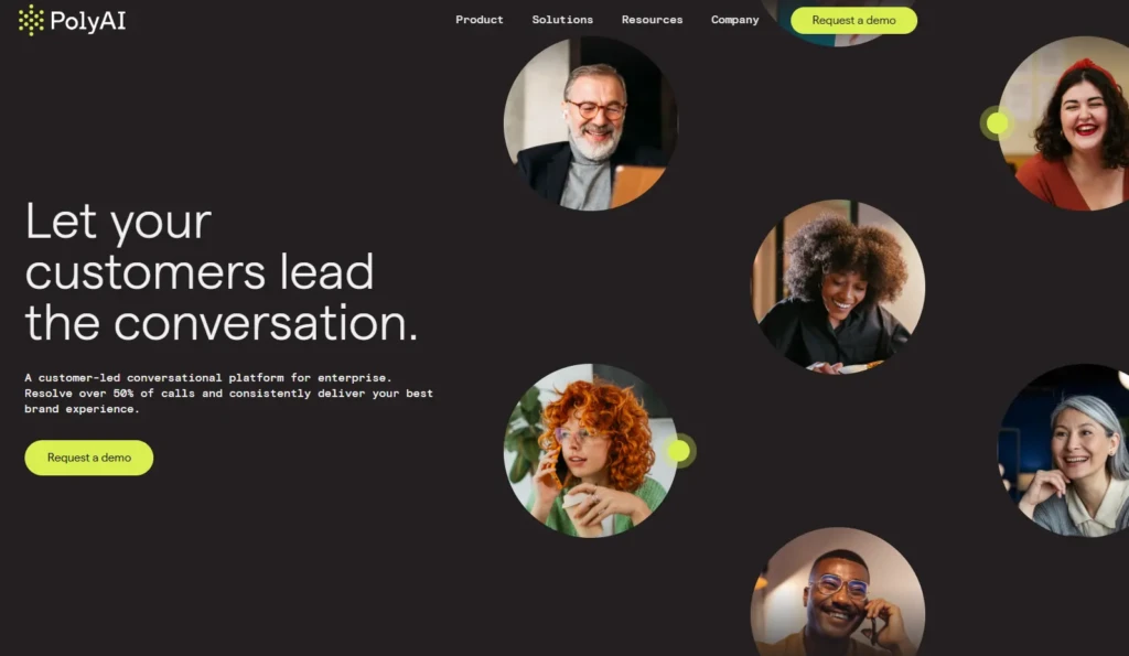 A PolyAI landing page with the headline “Let your customers lead the conversation,” surrounded by circular headshots of diverse customers and agents, and a subheading describing it as “A customer-led conversational platform for enterprise,” emphasizing human-centered AI interaction.