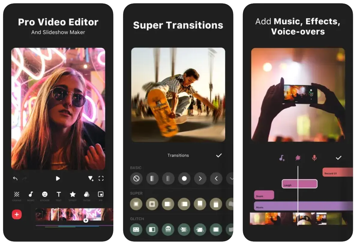 Screenshots of a video editing app showcasing features like transitions, effects, and adding music and voice-overs.