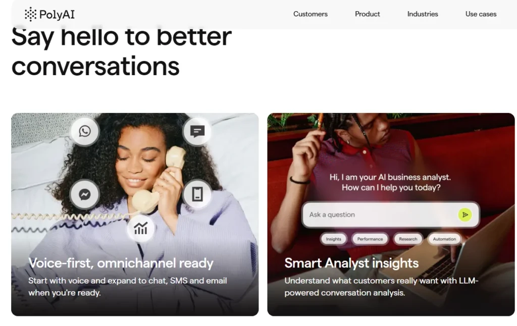 A two-panel PolyAI feature showcase: left shows a woman on a vintage phone with icons for voice, chat, SMS, and email under “Voice-first, omnichannel ready”; right shows a user interacting with an AI business analyst on a laptop under “Smart Analyst insights,” illustrating multimodal engagement and LLM-powered analytics.
