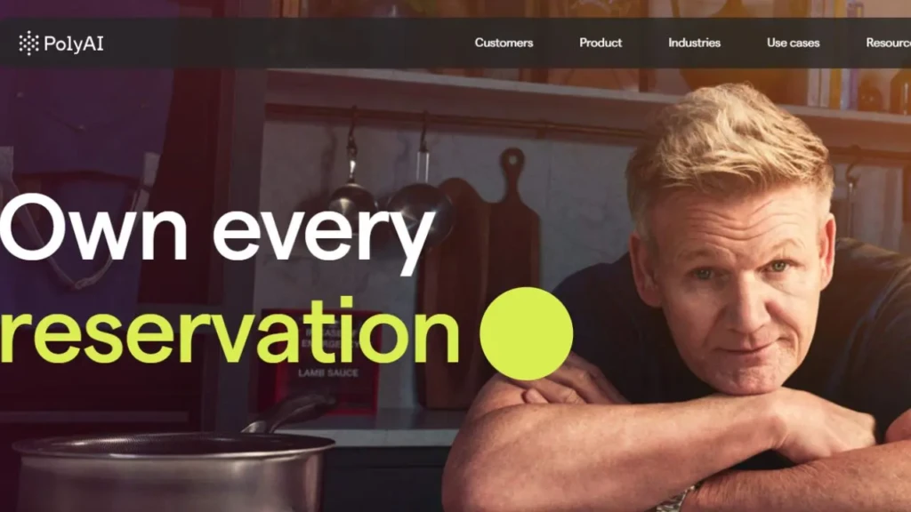 A PolyAI promotional banner with chef Gordon Ramsay leaning on a kitchen counter, overlaid with the text “Own every reservation” in white and lime green, highlighting AI-powered call routing for hospitality or service industries.