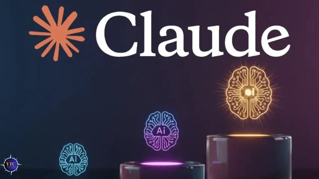 Logo of "Claude" with three glowing digital brain icons labeled "AI" above cylindrical platforms of varying heights.