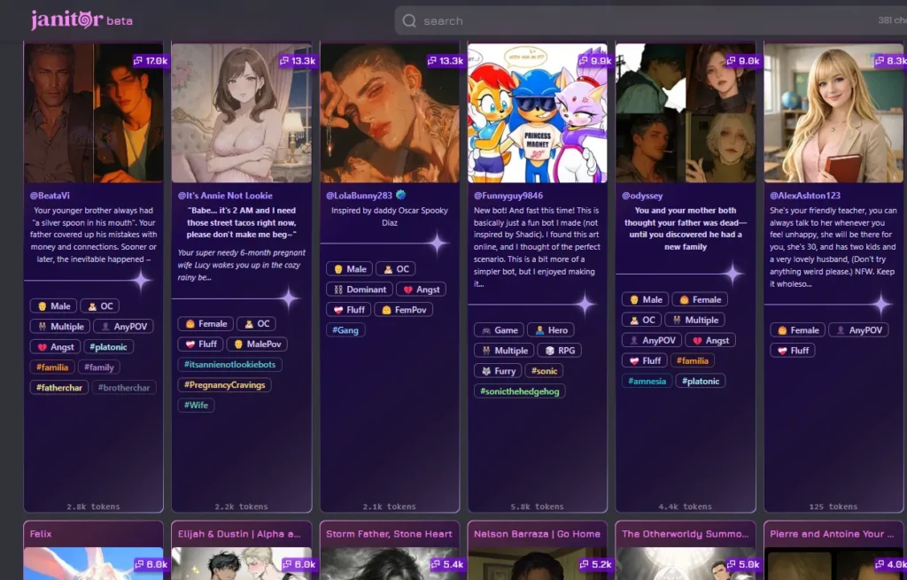 A Janitor AI beta feed showcasing more character cards (e.g., “@BeataVi,” “@It’s Annie Not Lookie,” “@LolaBunny283”), including fan-art-inspired bots, roleplay scenarios, and tags like #pregnancycravings, #sonicthehedgehog, and #platonics, emphasizing creative customization and cross-fandom integration.