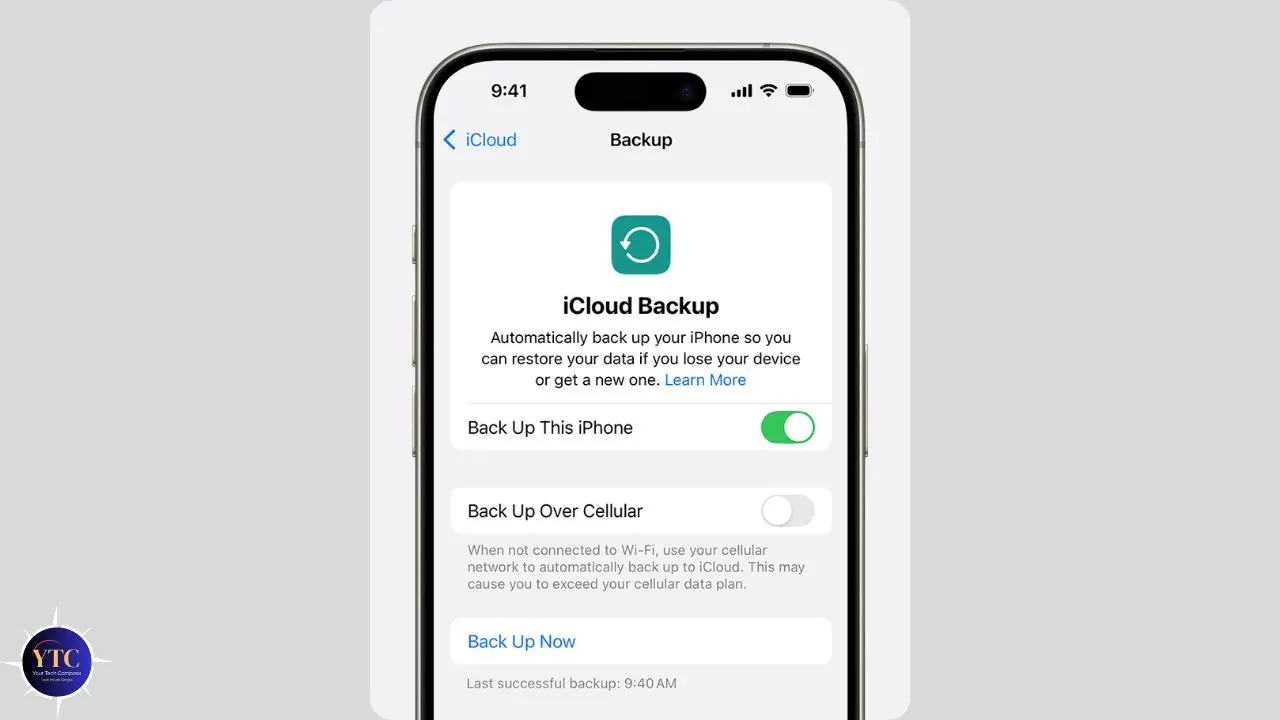 iPhone screen displaying iCloud Backup settings with options to enable backup and backup over cellular, showing last successful backup time.