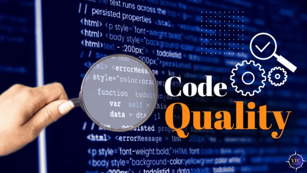A hand holding a magnifying glass over lines of HTML and JavaScript code, with the overlaid text “Code Quality” in white and orange, accompanied by icons of a checkmark, gears, and a search lens, symbolizing scrutiny, optimization, and verification of software quality.