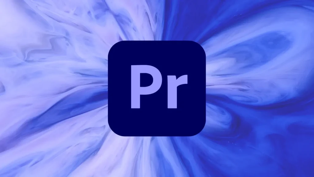 The Adobe Premiere Pro logo: a dark navy rounded square with the letters “Pr” in light purple, centered over a dynamic swirling blue-and-white abstract background, symbolizing professional-grade video editing software.