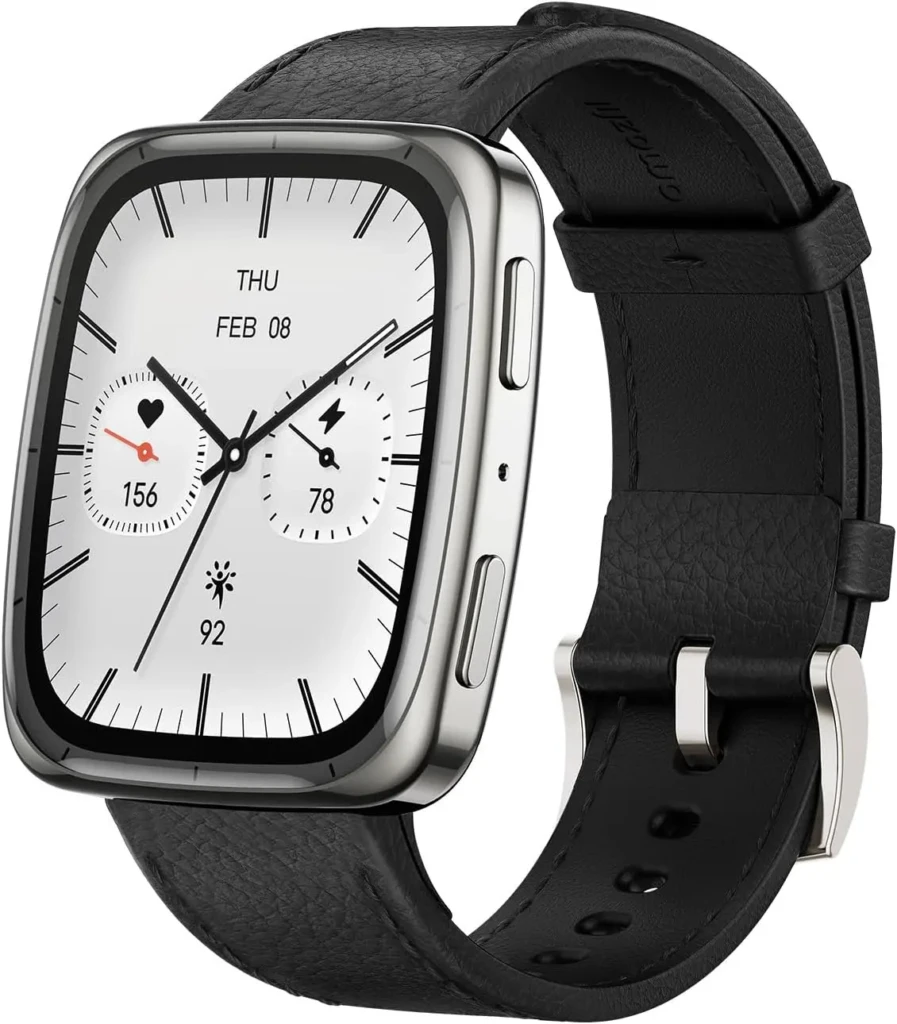 A square-faced smartwatch with a black leather strap and stainless steel case, featuring a minimalist analog-style watch face with date (THU FEB 08), heart rate (156), steps (78), and activity icons, conveying classic elegance combined with modern wellness tracking.
