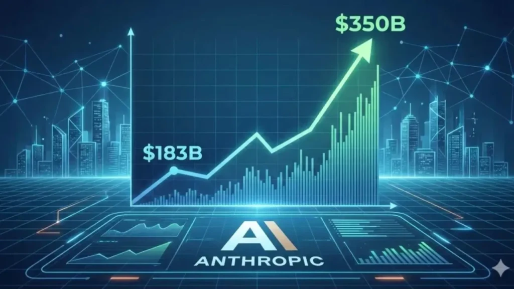 A futuristic data visualization showing a rising green bar-and-line chart from $183B to $350B, overlaid with the “AI ANTHROPIC” logo and a cityscape of glowing skyscrapers connected by network lines, symbolizing growth, investment, and technological scale in AI development.