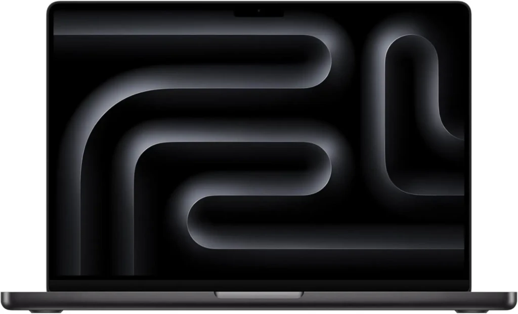 A space-gray MacBook laptop displaying a minimalist black-and-gray abstract wallpaper with flowing, sculpted curves, highlighting Apple’s sleek industrial design and modern aesthetic.