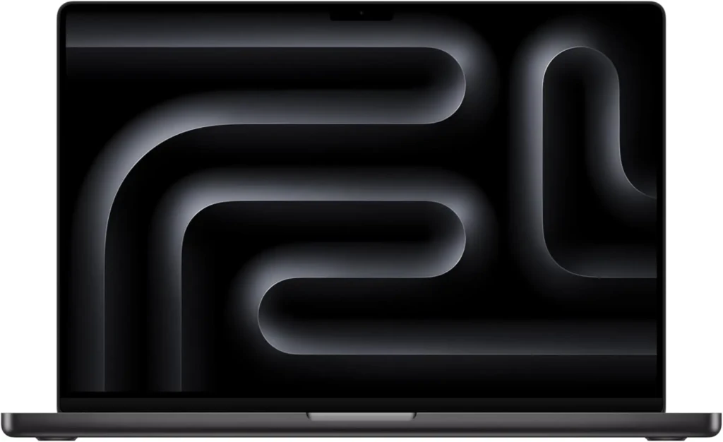 A space-gray MacBook laptop displaying a minimalist black-and-gray abstract wallpaper with flowing, sculpted curves, highlighting Apple’s sleek industrial design and modern aesthetic.