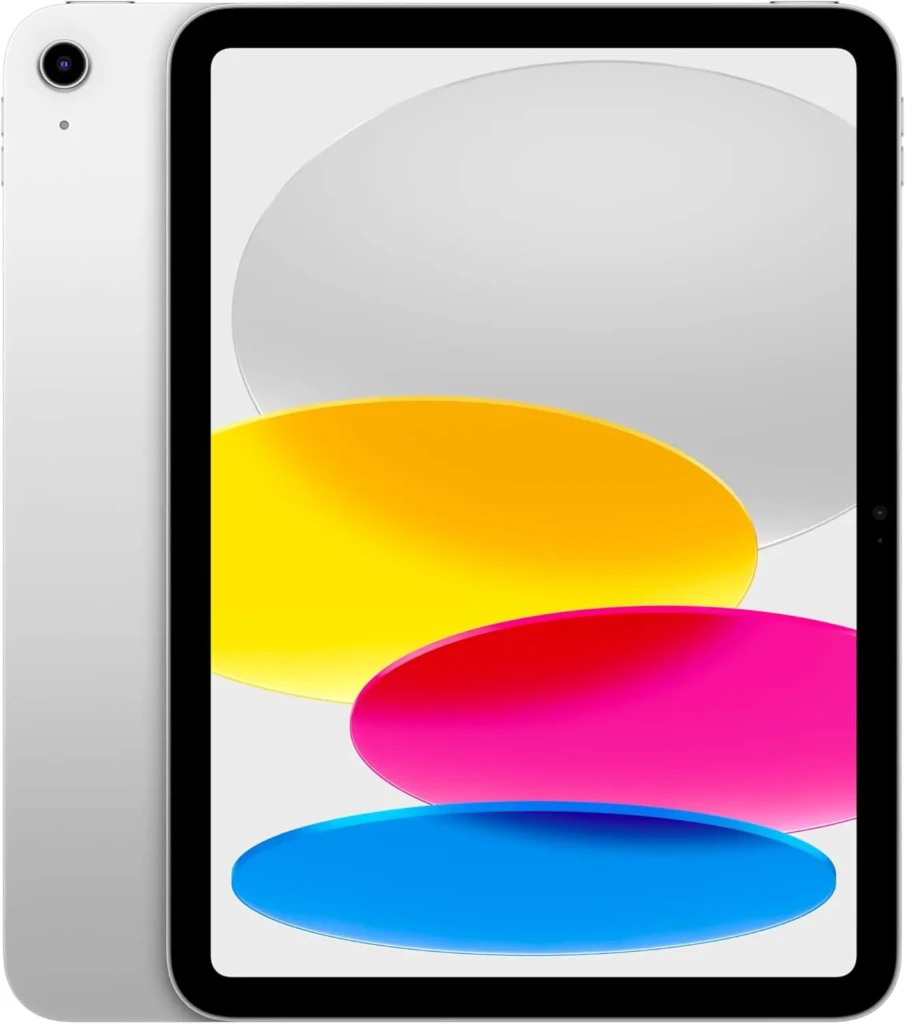 A silver tablet with a camera on the back is shown. The screen displays overlapping ovals in gray, yellow, pink, and blue, creating a vibrant, abstract design.