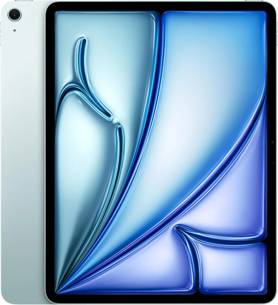 Close-up of a tablet displaying an abstract design with fluid, blue and white swirling shapes. The device has a sleek silver edge and a rear camera.