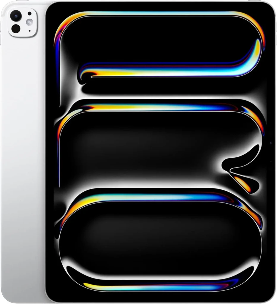 Close-up of a tablet's metallic back with a sleek, reflective black and rainbow-colored abstract pattern, conveying a modern and vibrant feel.