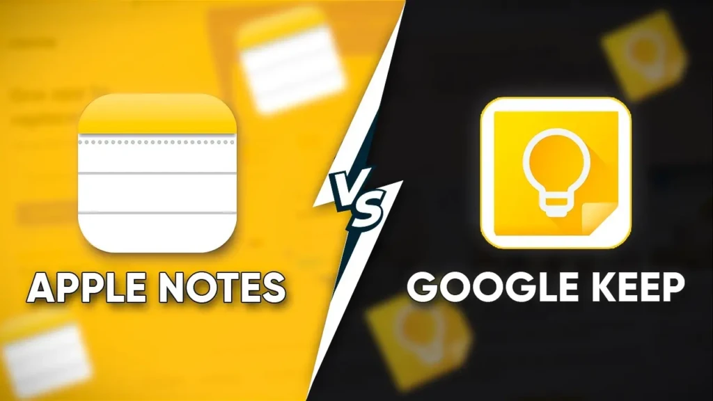 A split-screen comparison labeled “APPLE NOTES vs GOOGLE KEEP,” with the Apple Notes icon (yellow notepad) on a yellow background left of a lightning-bolt “VS” divider, and the Google Keep icon (lightbulb on yellow note) on a dark background right, visually framing a feature or usability comparison between the two note-taking apps.