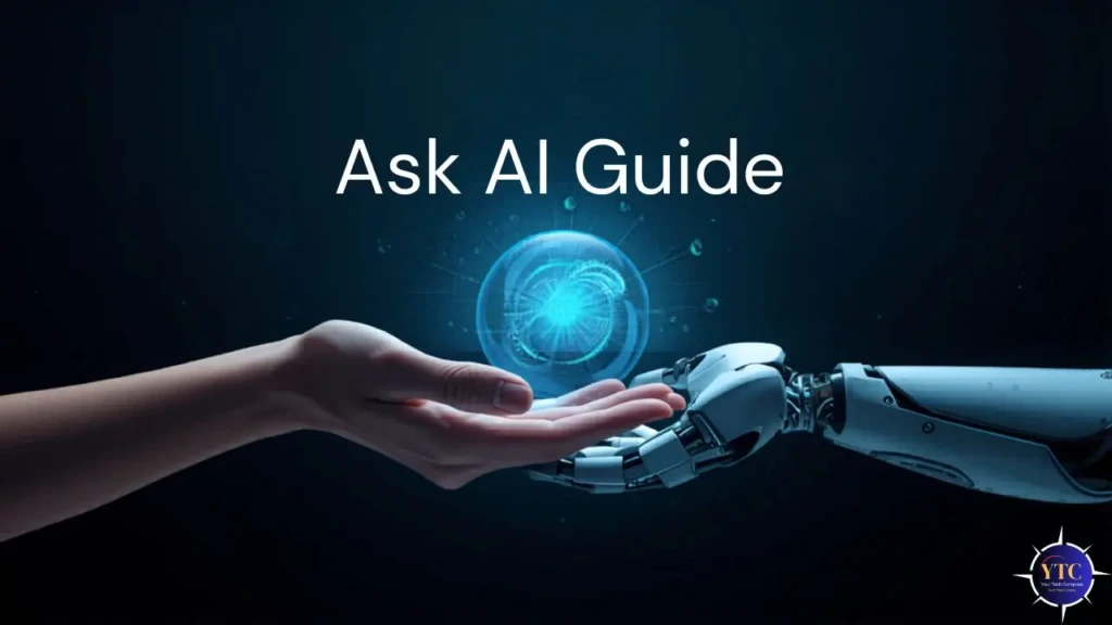 A conceptual image titled “Ask AI Guide,” showing a human hand extended toward a robotic arm, with a glowing blue AI orb hovering between them, symbolizing collaboration between humans and artificial intelligence.