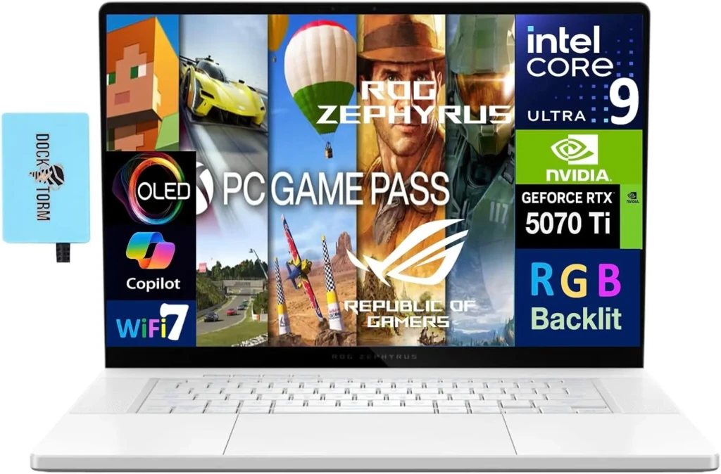 A white ASUS ROG Zephyrus gaming laptop showcasing its specs and features via overlaid badges: Intel Core Ultra 9, NVIDIA GeForce RTX 5070 Ti, OLED display, WiFi 7, Copilot, RGB backlit keyboard, and PC Game Pass; a blue “DOCK·TORM” USB-C dock is shown to the left, emphasizing high-performance gaming and productivity capabilities.