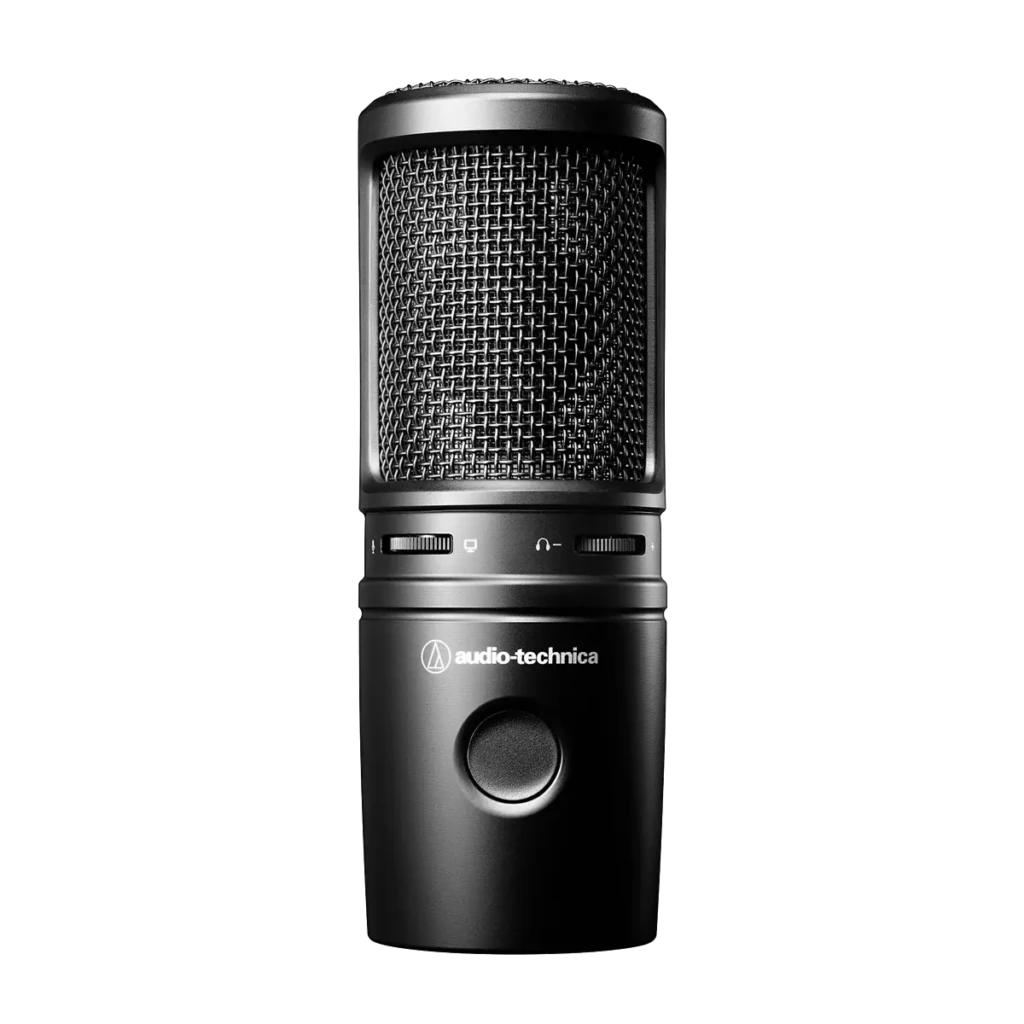 A sleek black Audio-Technica microphone with a mesh grille and control knobs, set against a black background, exudes a professional, modern vibe.