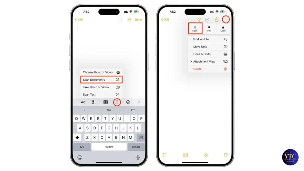 Two iPhone screens side by side demonstrating the Notes app’s document scanning feature: the left shows the keyboard with the camera icon tapped and “Scan Documents” highlighted in a context menu; the right shows the top toolbar with the “Scan” button selected and a dropdown menu open, illustrating how to initiate document scanning in iOS Notes.