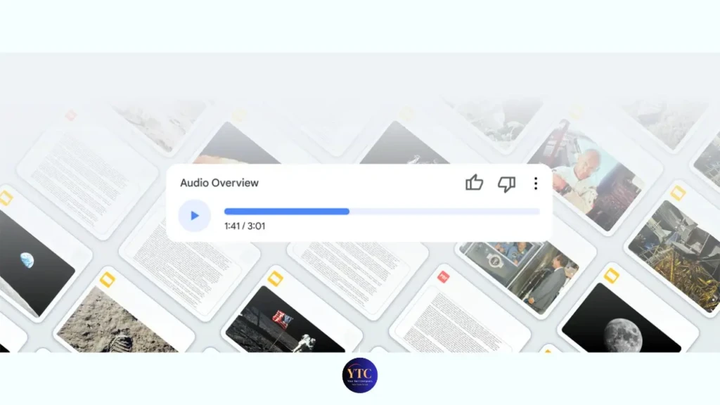 Audio player overlay with progress bar at 1:41 of 3:01. Background features tiled document images, some with space-themed photos. Tone is informative.