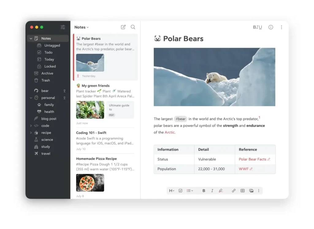 A split-view of a notes app interface: left sidebar shows tag-based organization (e.g., “bear,” “personal,” “code”), while the right pane displays a detailed note titled “Polar Bears” with an image, formatted text, a table (Status: Vulnerable; Population: 22,000–31,000), and reference links, showcasing robust content structuring and research integration.