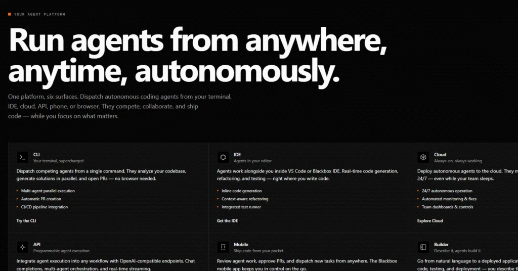 A Blackbox AI landing section titled “Run agents from anywhere, anytime, autonomously,” describing six surfaces (CLI, IDE, Cloud, API, Mobile, Builder) for dispatching autonomous coding agents, emphasizing flexibility, no-browser workflow, and real-time code generation across developer environments.