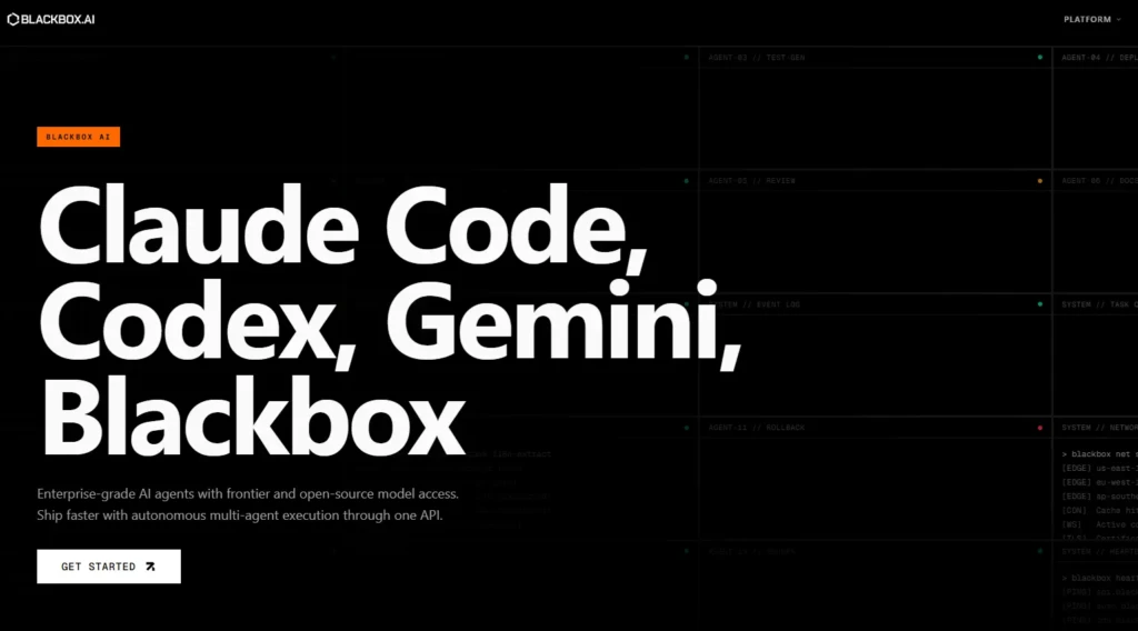 A bold headline overlay reading “Claude Code, Codex, Gemini, Blackbox” on a dark dashboard background showing concurrent agent activity (e.g., “AGENT-01 // REFACTOR”, “AGENT-05 // REVIEW”), positioning Blackbox as a unified platform integrating leading AI coding agents with open-source model access.