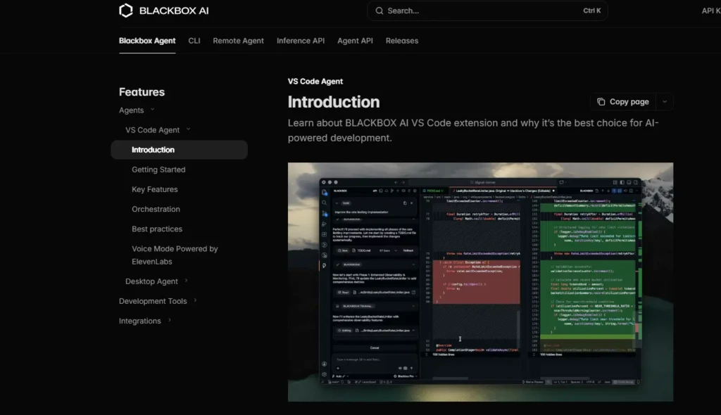 The Blackbox AI documentation page for “VS Code Agent,” featuring a left sidebar with navigation (Features, Getting Started, Key Features, etc.) and a right panel showing an introduction with side-by-side code editors comparing Blackbox-enhanced vs. standard VS Code, demonstrating seamless integration for AI-powered development workflows.