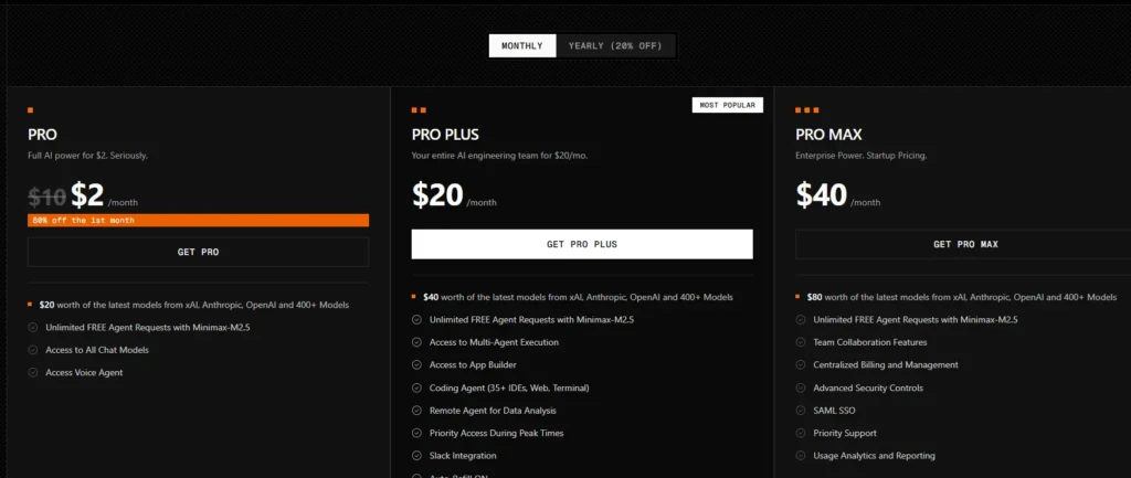 Blackbox AI’s pricing page displaying three tiers: “PRO” ($2/month, 80% off first month), “PRO PLUS” ($20/month, labeled “MOST POPULAR”), and “PRO MAX” ($40/month), each listing model access, agent requests, and features like team collaboration and SAML SSO, highlighting scalable enterprise-ready AI development plans.