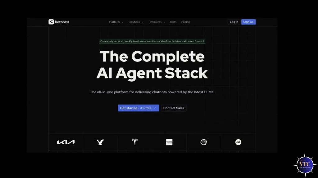 Website homepage with text 'The Complete AI Agent Stack' on a black background. Buttons for 'Get started – it's free' and 'Contact Sales' are visible. Logos of various companies are displayed below, with navigation links at the top and login options on the right.