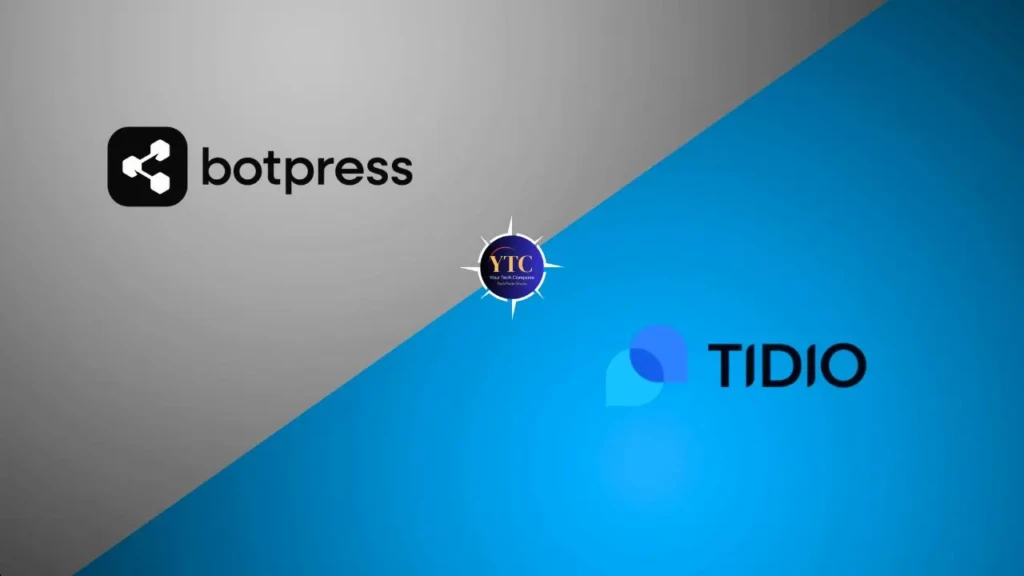 Split image comparing Botpress and Tidio logos. Botpress is on a gray background, Tidio on blue. A circular emblem is centered between them.