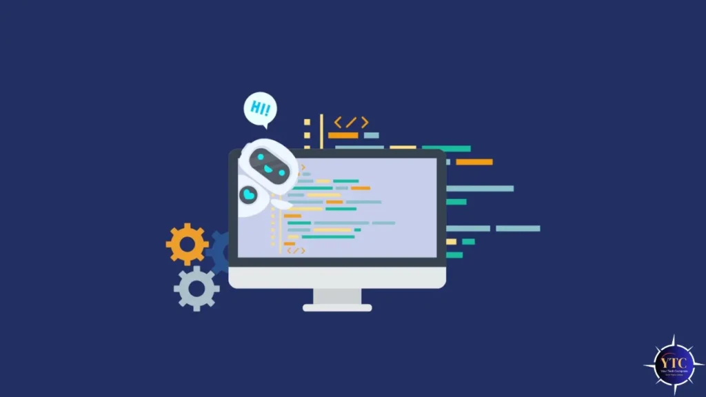 An illustrated desktop monitor displaying code, with a friendly AI robot popping out from the top-left corner saying “HI!”, surrounded by gears, brackets, and dynamic lines, symbolizing AI-assisted coding, automation, and developer collaboration.