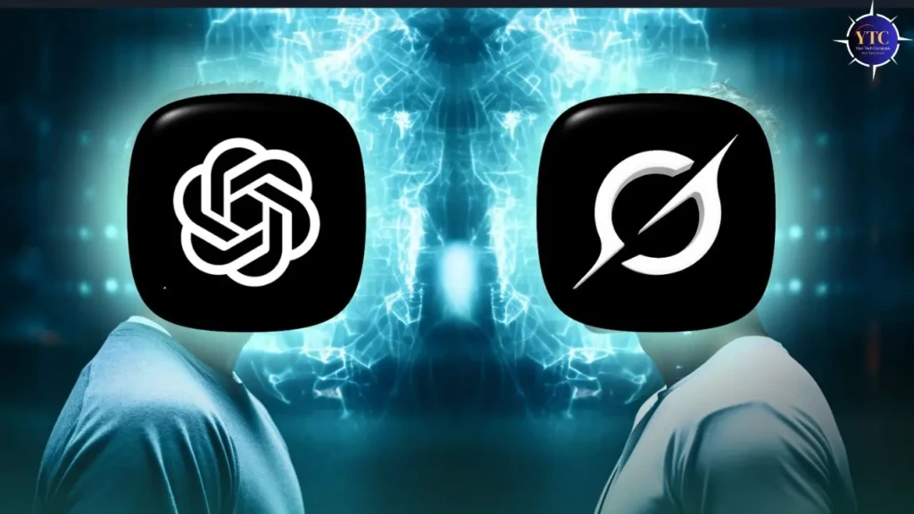 Two people facing each other, their faces obscured by large app icons: ChatGPT (left) and Grok (right), against a glowing blue neural-network–style background, visually representing the contrast or competition between the two AI systems in a conceptual, futuristic setting.